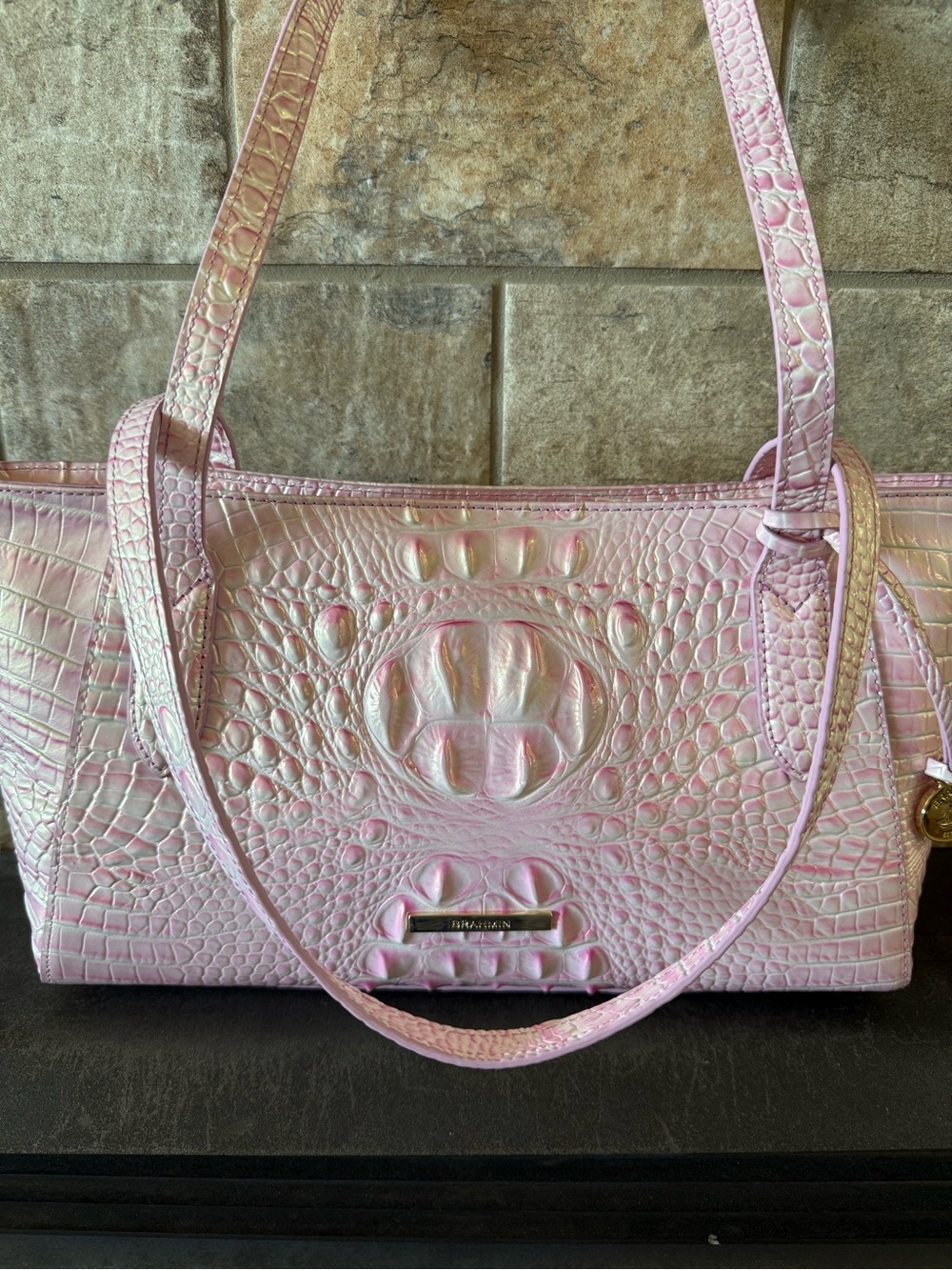 Brahmin Iridescent Pink Croc-Embossed Shoulder Bag-PERFECT EYE